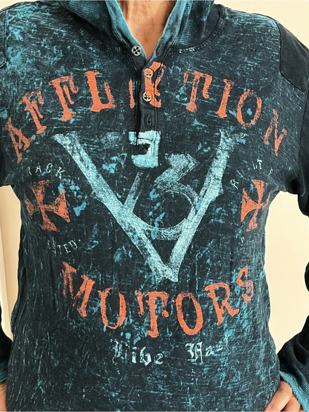 Affliction Women's Teal and Black Distressed Hoodie Sweatshirt - Picture 6 of 7